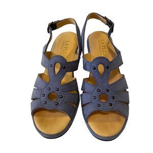 La Plume Suede Sky Blue Wedge Heeled Ankle Strap Sandals in Ladies Size 38